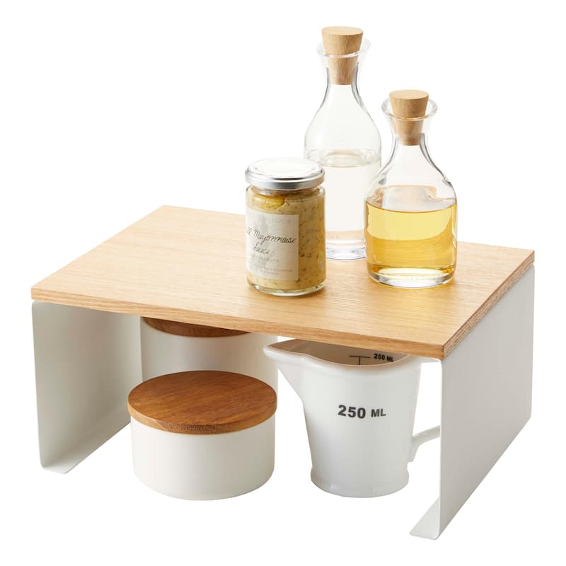 Yamazaki Home Stackable Countertop Shelf - Two Sizes, Steel and Wood, Large, Stack up to two, Holds 11 lbs