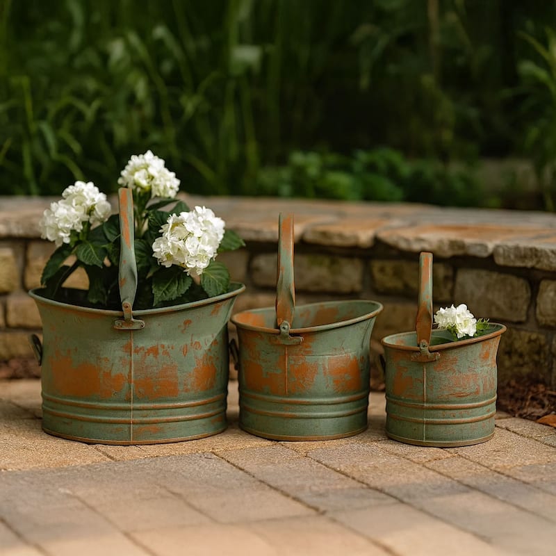 Tinged Metal Bucket Planter With Handles, Patina Rust Finish, Green, Set of 3