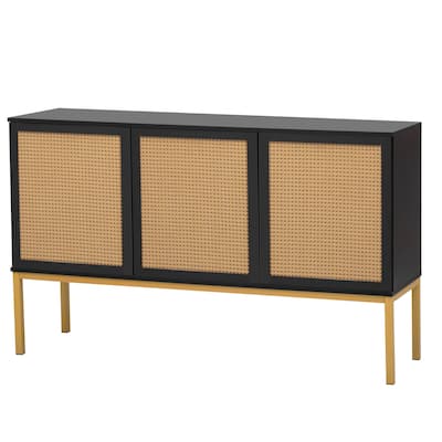 Black Sideboard with Artificial Rattan Door and Rebound Device - 53.9"L x 15"W x 33.3"H