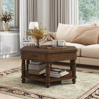 2 Tier Retro Solid Wood Coffee Table with Drawers and Storage Shelf ...