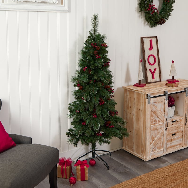5ft. Flat Back Pine Artificial Christmas Tree with Pinecones, Berries & 110 Warm White Lights - Space-Saving Holiday X-Mas Tree