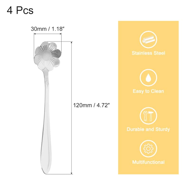 4Pcs 5" Stainless Steel Flower Spoons Coffee Spoons Small Teaspoon - Silver