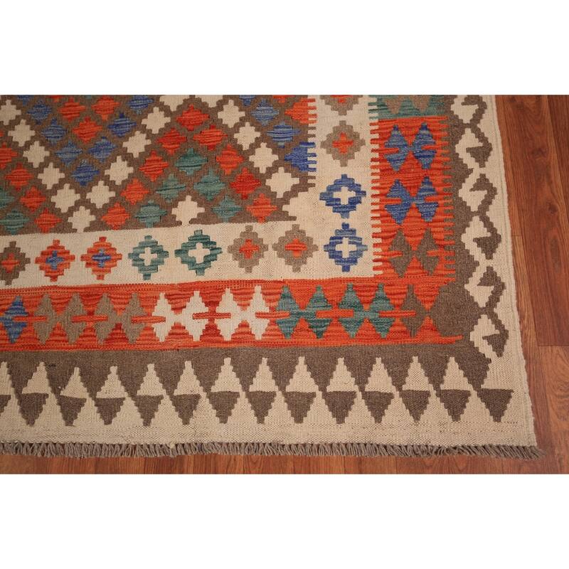 Reversible Geometric Kilim Area Rug Hand-Woven Wool Carpet - 8'2" x 10'5"