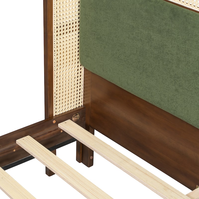 Christopher Knight Home - Mid-Century Upholstered Wood Low-Profile Platform Bed with Rattan Weaving Headboard