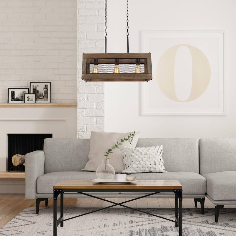 Farmhouse 5-Light Rectangle Wood Chandelier Rustic Island Lights for Dining Kitchen Island