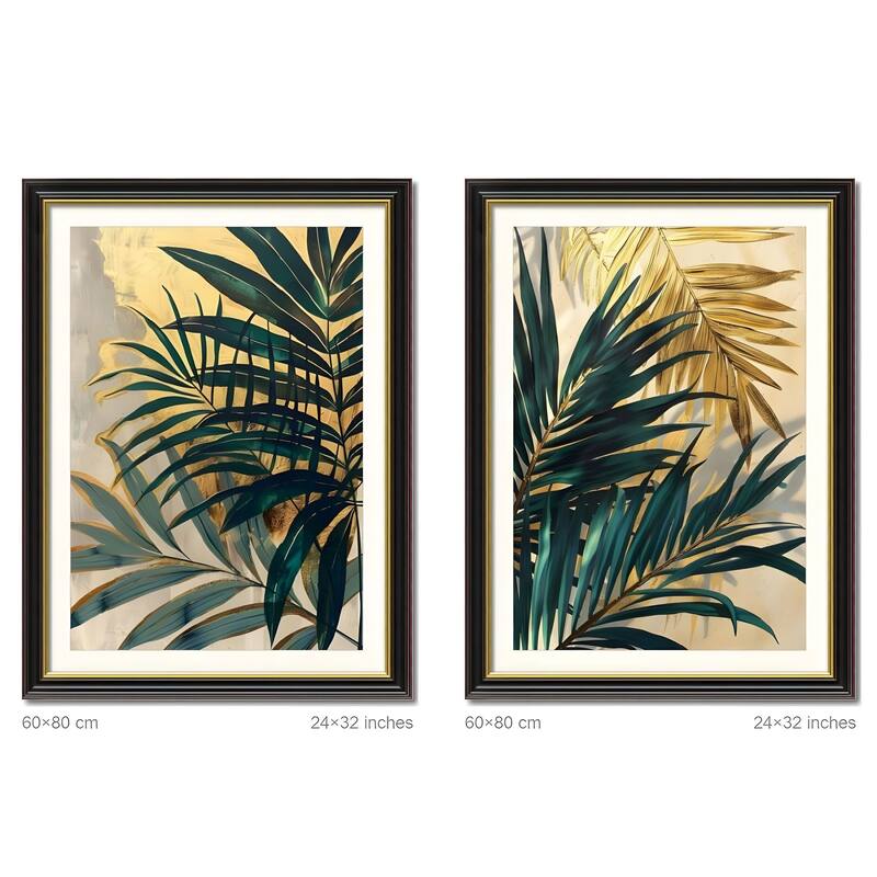 Set of 2 Tropical Palm Leaf Framed Wall Art - Replaceable Canvas Prints with Solid Wood Picture Frames, Modern Botanical