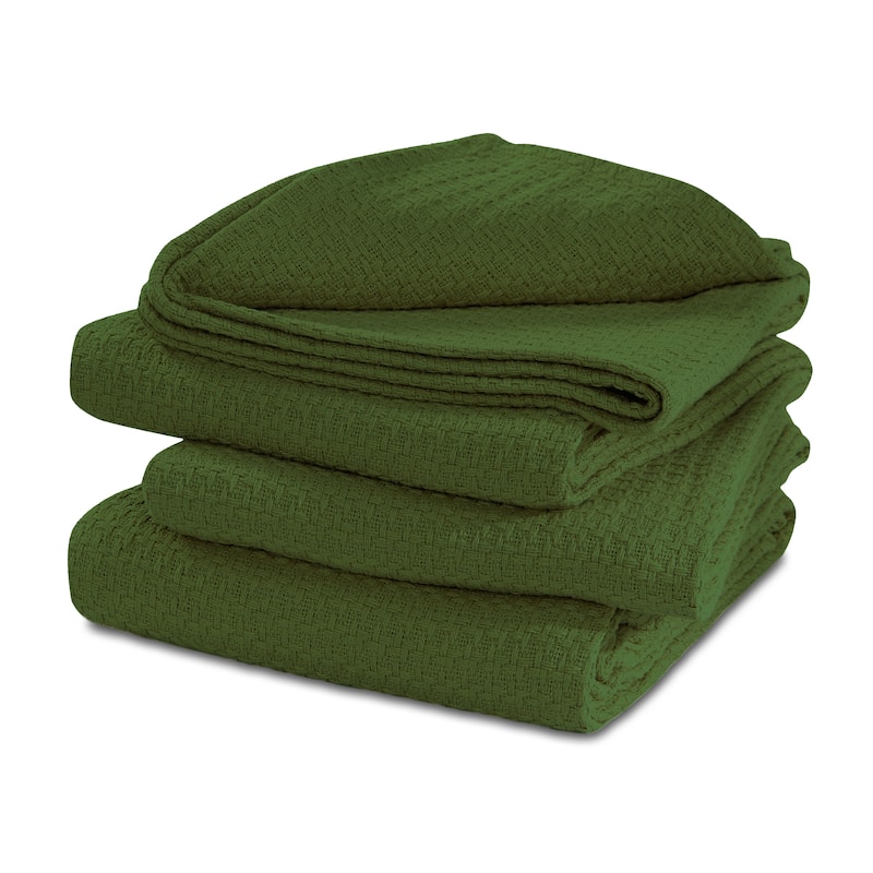100% Cotton Basket Weave Thermal Bed Blanket Breathable Soft Layering All Season Medium Weight - 66''x90'' - Hunter Green