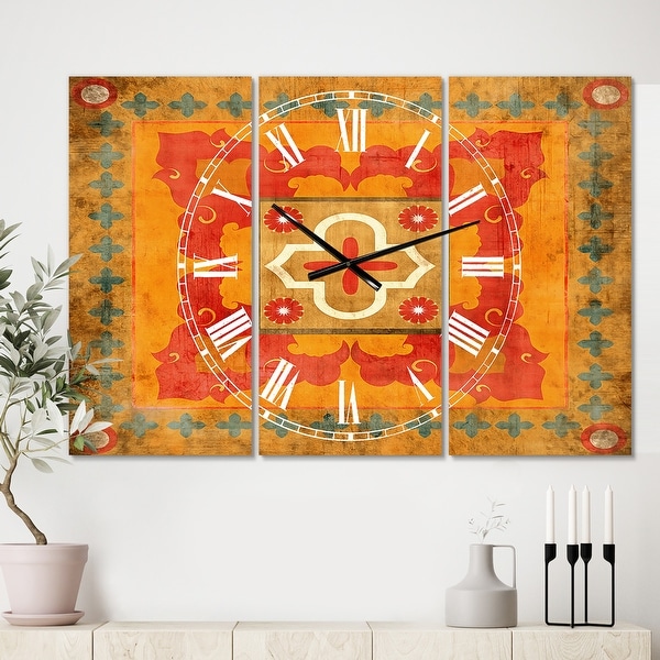 Designart 'Moroccan Orange Tiles Collage II' Cottage 3 Panels Oversized Wall CLock - 36 in. wide x 28 in. high - 3 panels. Opens flyout.