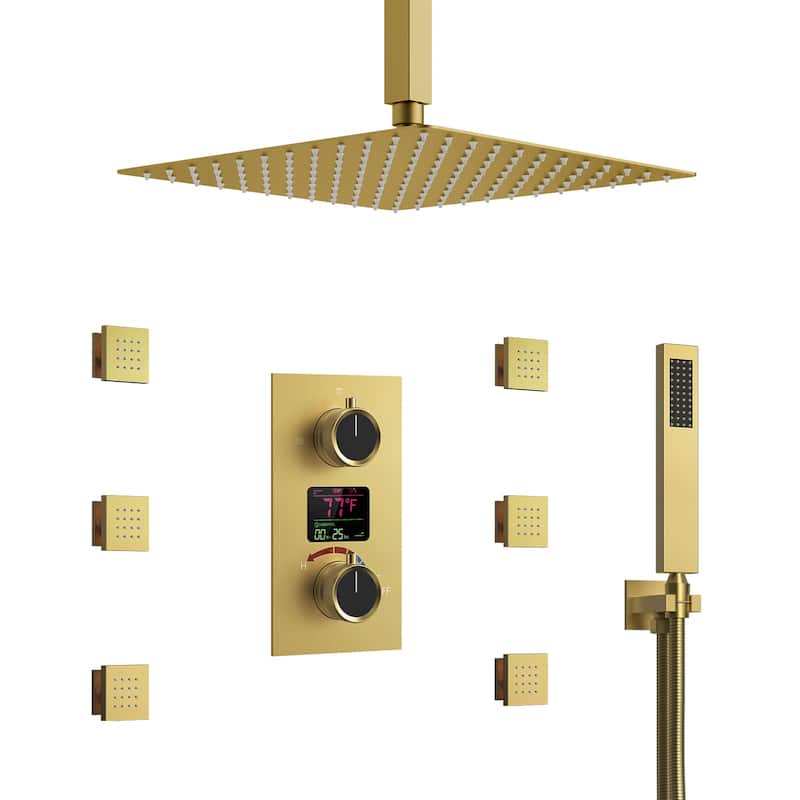Pressure-Balanced Rainfall Shower System with LCD Display, 12" Ceiling Mount Shower Faucet Set with Body Jets