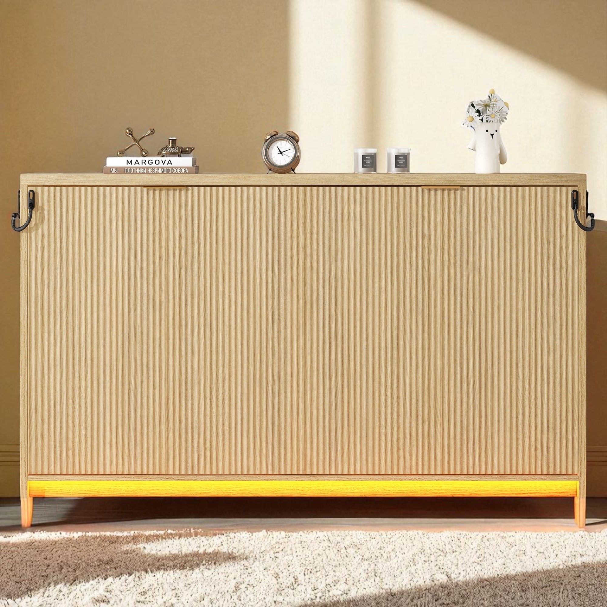 Twin Murphy Bed with LED Lights, Foldable Cabinet Bed Frame with Solid Metal Support, Space-Saving Wall Bed for Guest Room