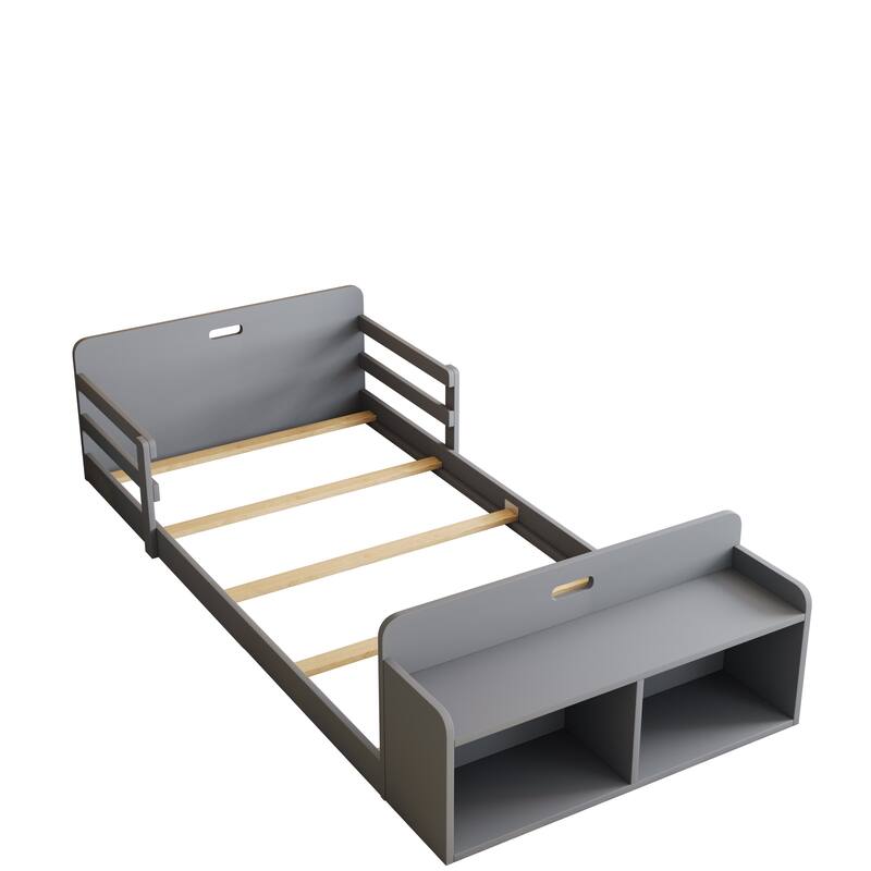 Twin Size Floor Bed with Storage Footboard and Guardrail