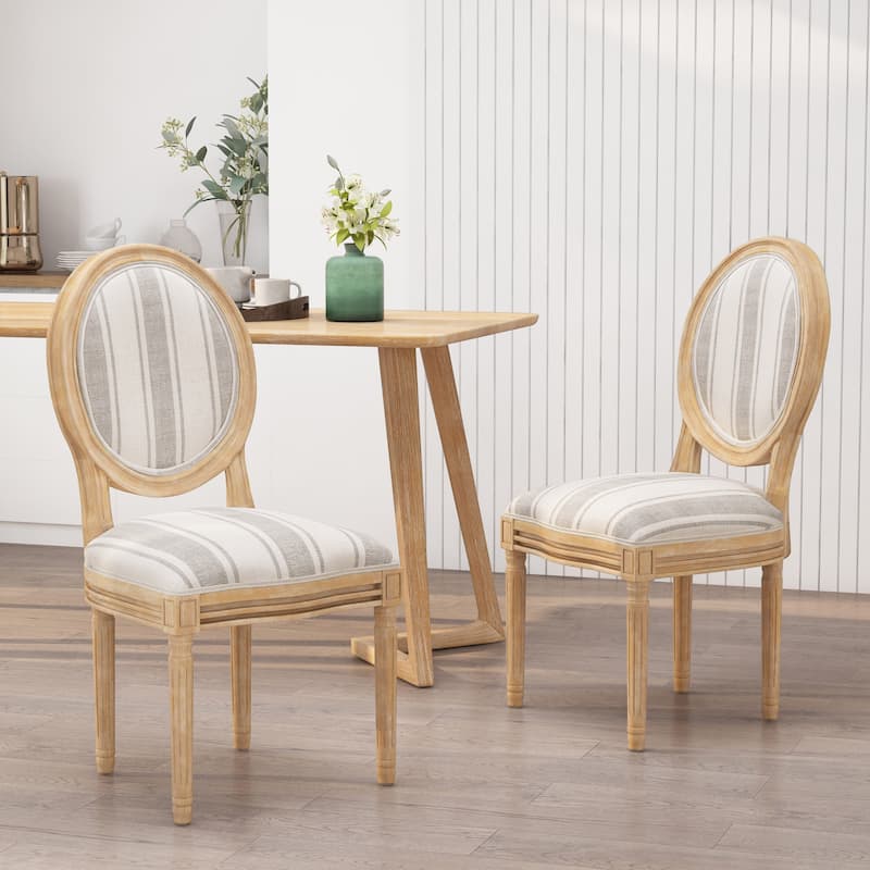 Phinnaeus French Country Fabric Dining Chairs (Set of 2) by Christopher Knight Home - Gray Stripes + Light Beige + Natural