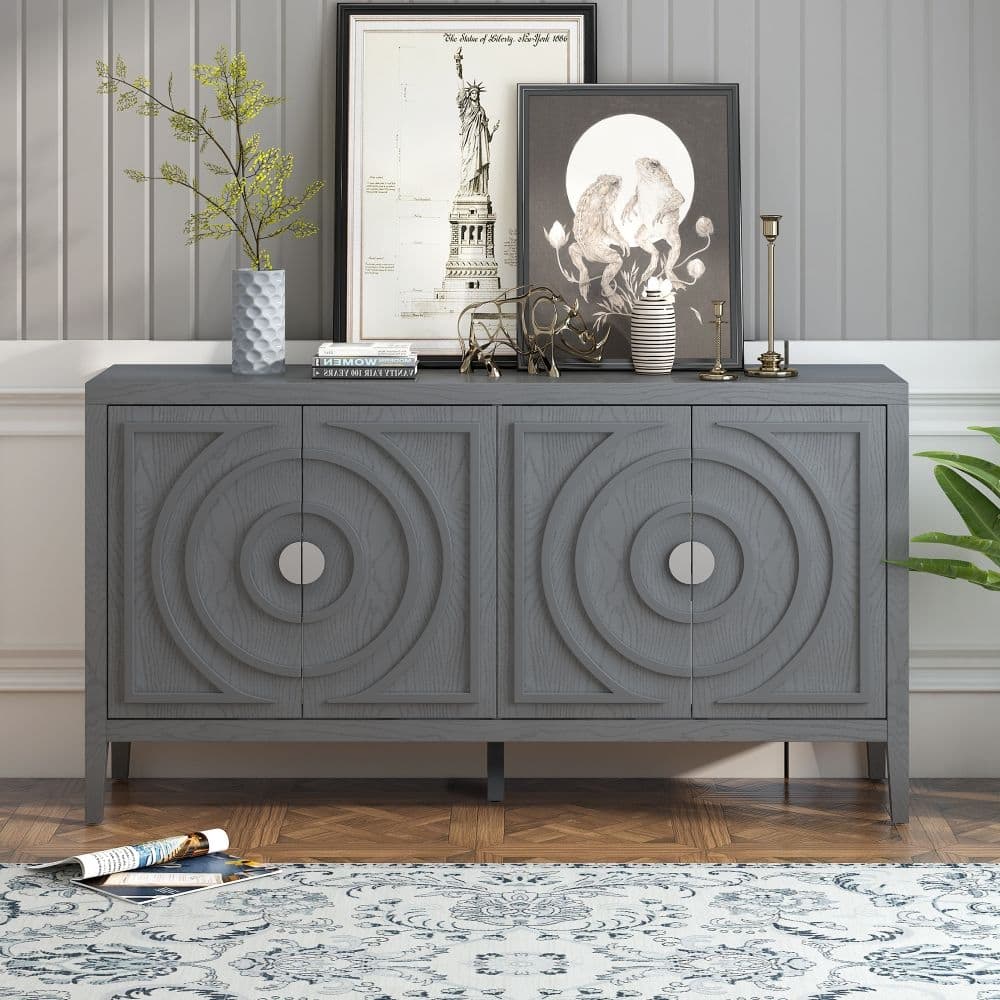 Retro Sideboard Door with Circular Groove Design Round Metal Door Handle
