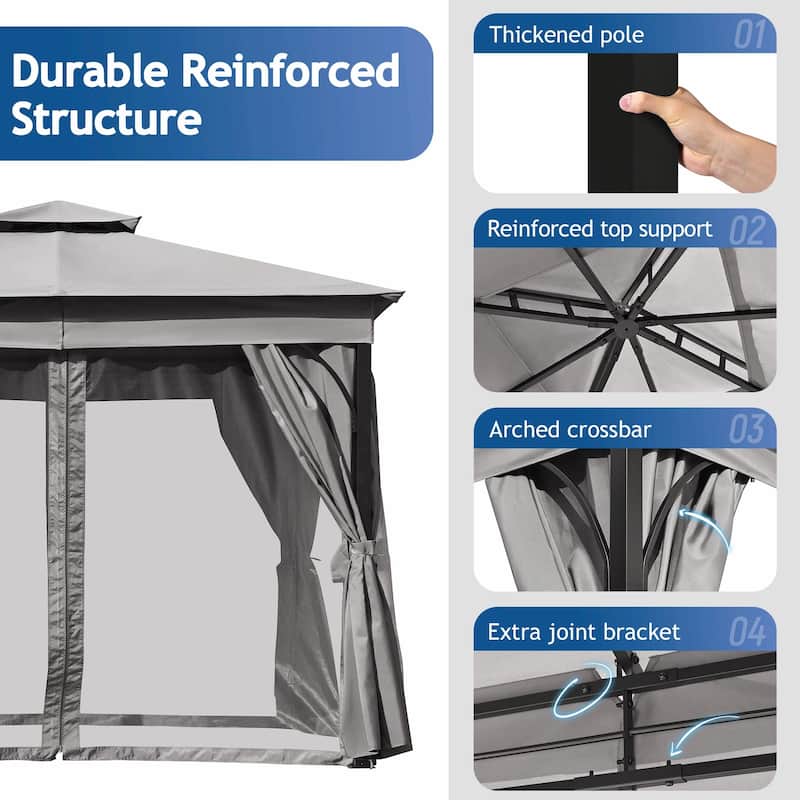 Outdoor Gazebo Tent with Double Roof, Mosquito Netting & Privacy Screens