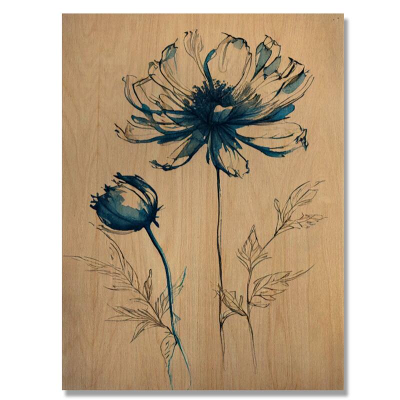 Designart 'Indigo Flower Blossoming II' Floral Wood Wall Art - Natural Pine Wood