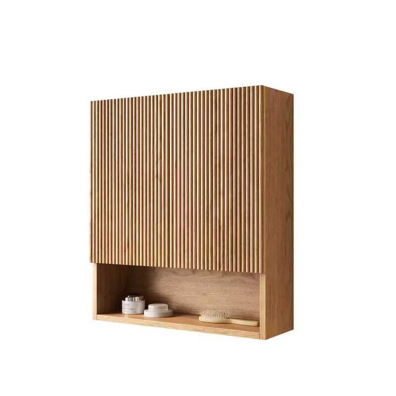 GDFStudio - Tobi 26" Wall-Mounted Striped Bathroom Cabinet with Doors, Shelf, Natural Woodgrain Color