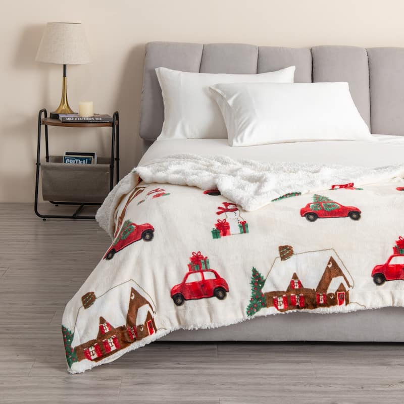 Linery & Co. Velvet Plush Fleece Reversible Sherpa Holiday Printed Throw.