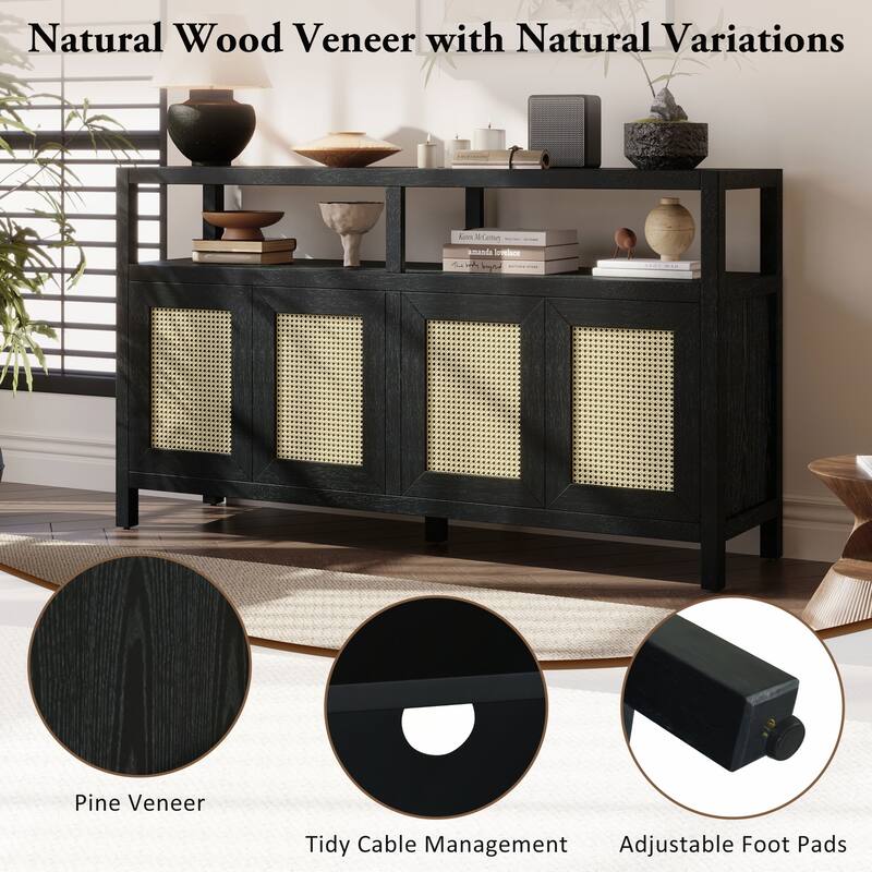 Rattan Buffet Storage Cabinet with Solid Wood Frame