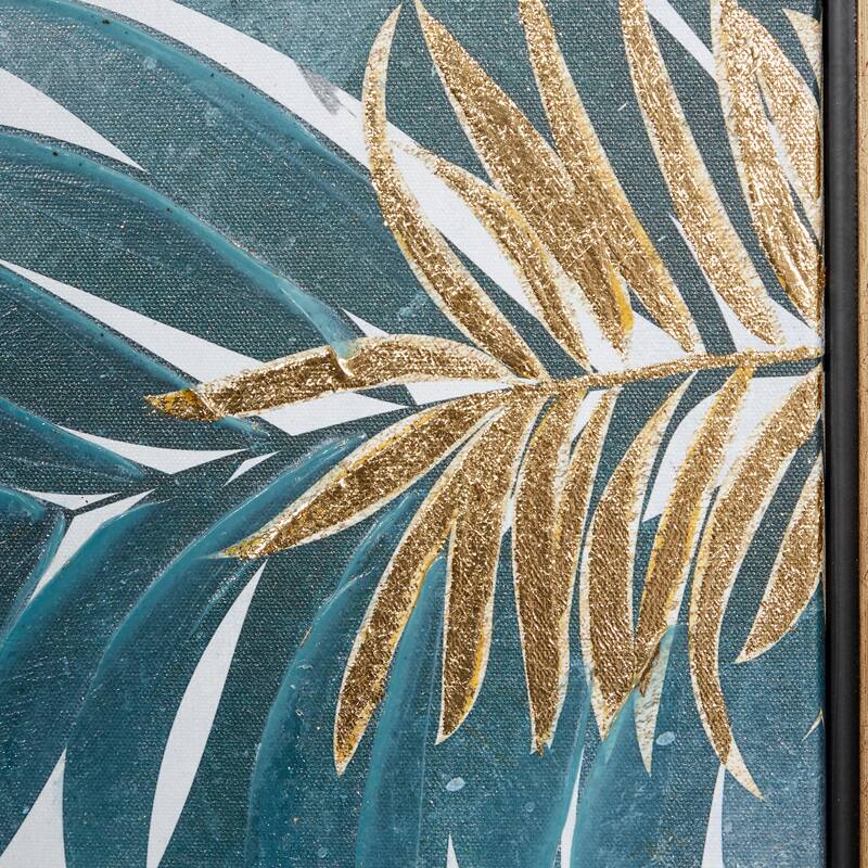 Canvas Leaf Tropical Living Room Framed Wall Art with Gold Frame - Blue - Roche River Decor
