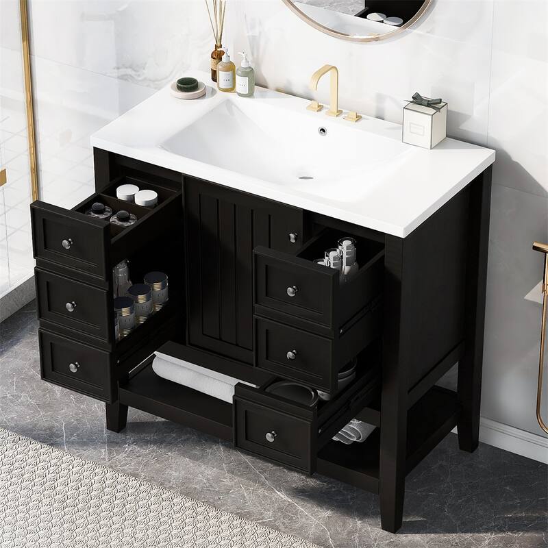 36" Bathroom Storage Wood Vanity Cabinet with Ceramic Sink and Shelf - Black