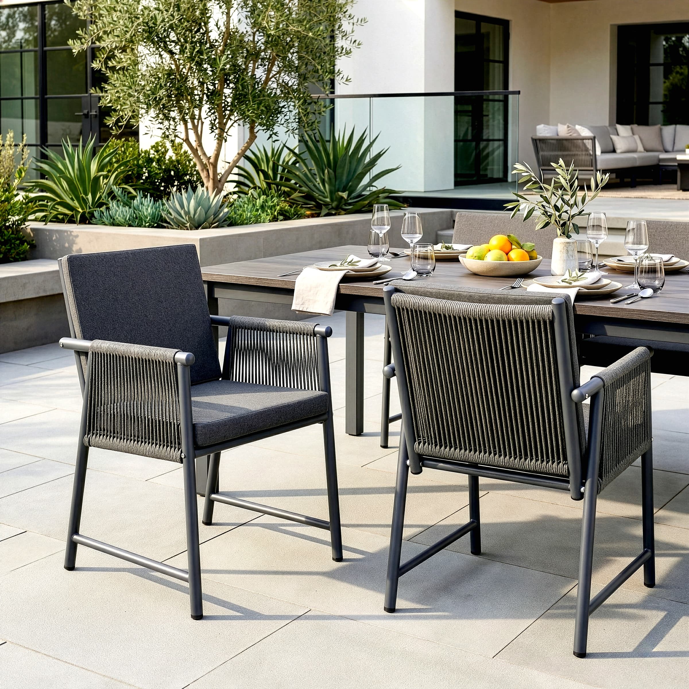 Bianca Grey Outdoor Dining Chair with Woven Rattan Arms (Set of 2)