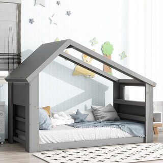 Gray Twin Pine House Floor Bed with Skylight, LED Light, Sturdy Construction