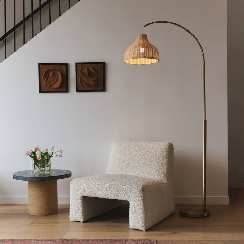 Brightech Lark 75 in. Antique Brass Mid-Century Modern LED Super Bright Floor Lamp with Beige Bamboo Empire Shade