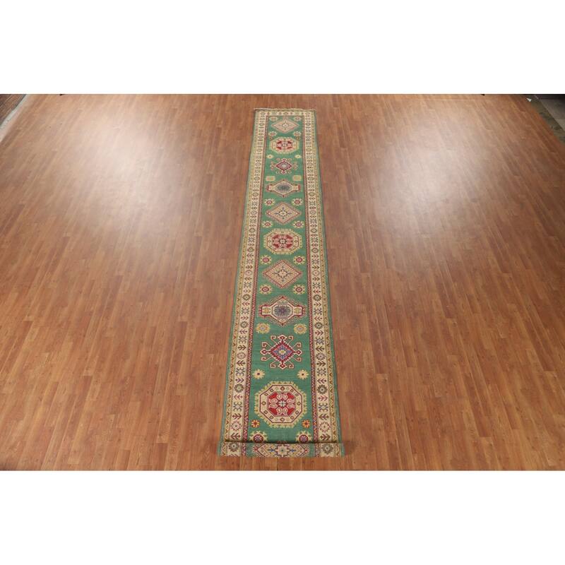 Green Kazak Runner Rug Hand-Knotted Wool Carpet - 2'8" x 16'3"