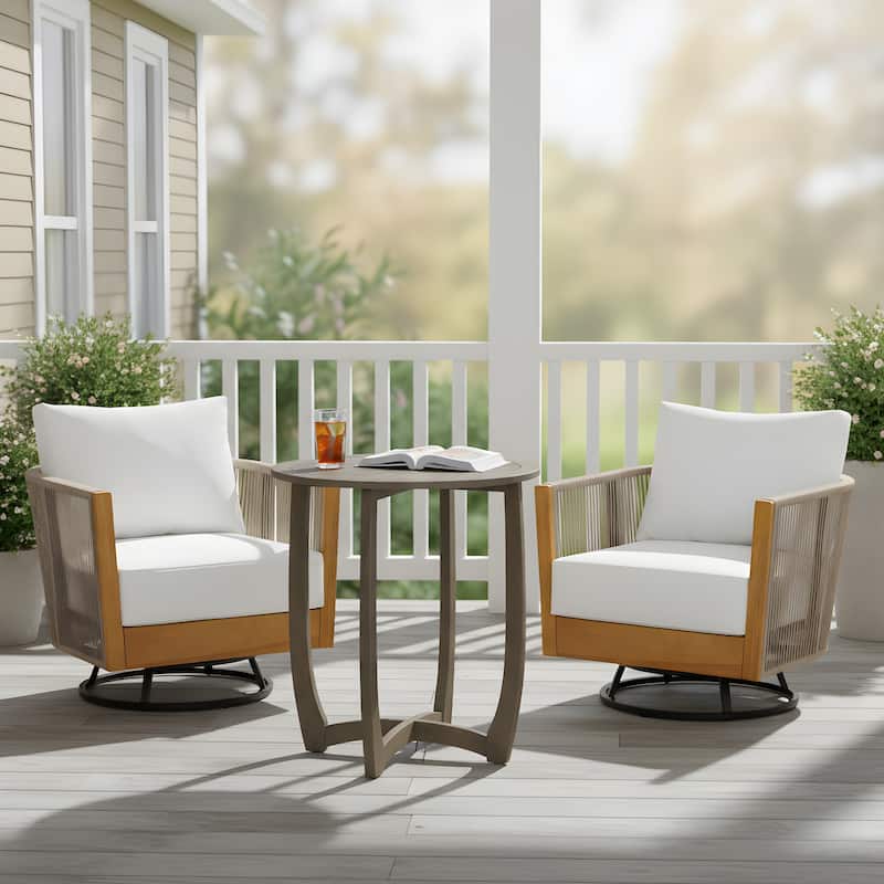 Christopher Knight Home - Alder Acacia Wood Outdoor Handwoven Cushioned Swivel Chairs Set with 27.5" Round Slat-Top Bistro Table