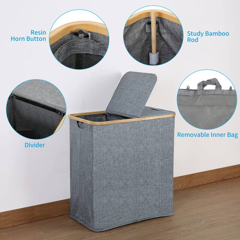 Double Laundry Hamper with Lid, Divided Laundry Hamper with Removable Bags, 2 Section Dirty Clothes Basket with Handles
