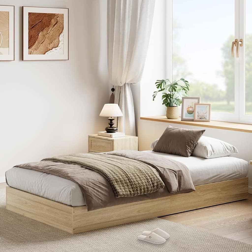 Space-Saving Sturdy Floor-Standing Platform Bed Frame, No Box Spring Needed, Natrual Wood