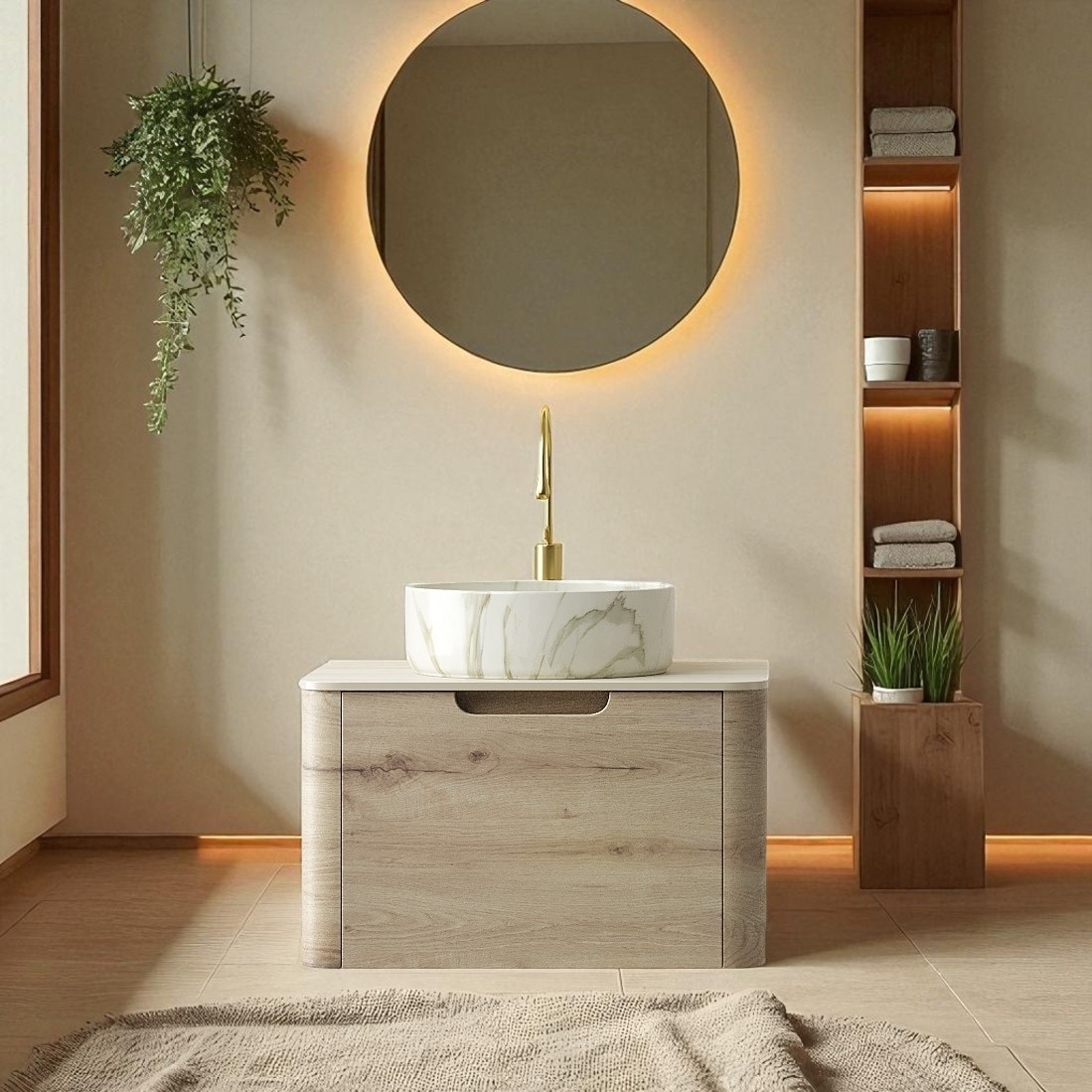 24 Inch Wall Mounted Bathroom Vanity with Ceramic Vessel Sink, Sintered Stone Top and Curved Plywood Cabinet