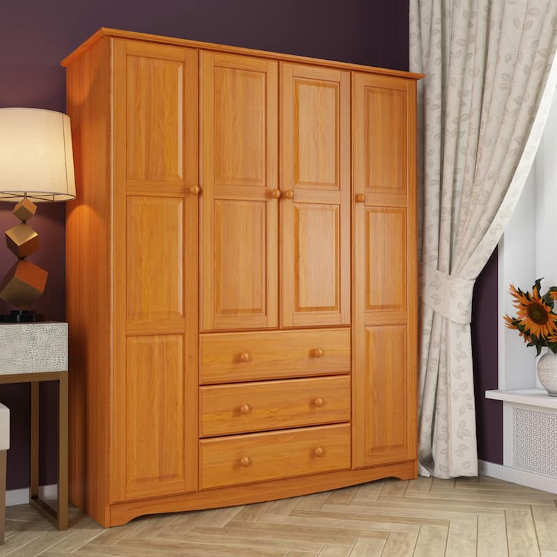 Palace Imports 100% Solid Wood Family 4-Door Wardrobe Armoire with Metal or Wooden Knobs - Honey Pine