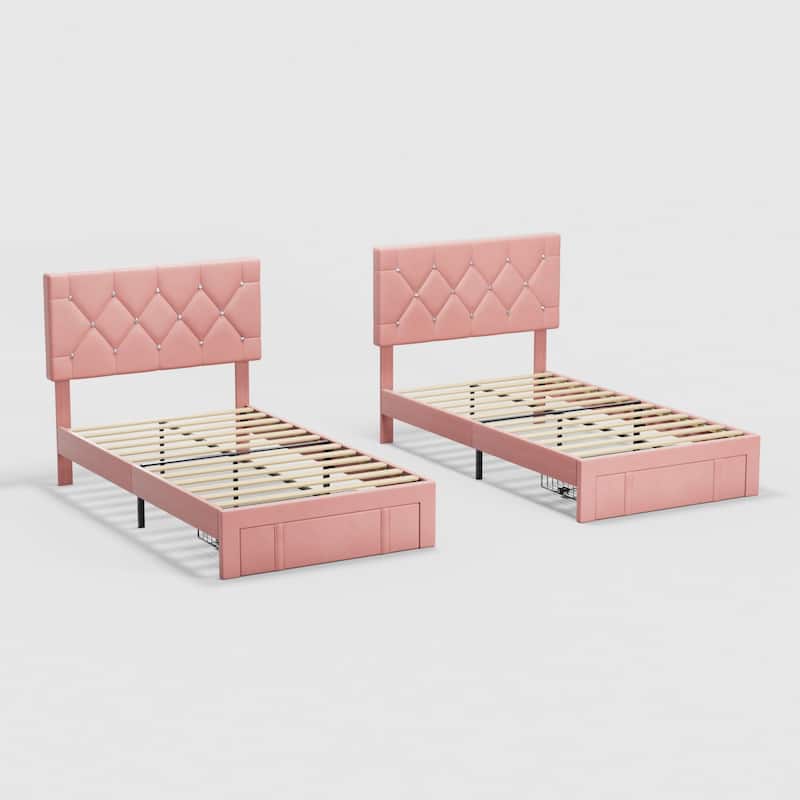 Javlergo 2-Piece Twin Bed Frame Set 39.4-45.3" Adjustable Height PU Leather Headboard with Diamond Embellishment Storage Drawer