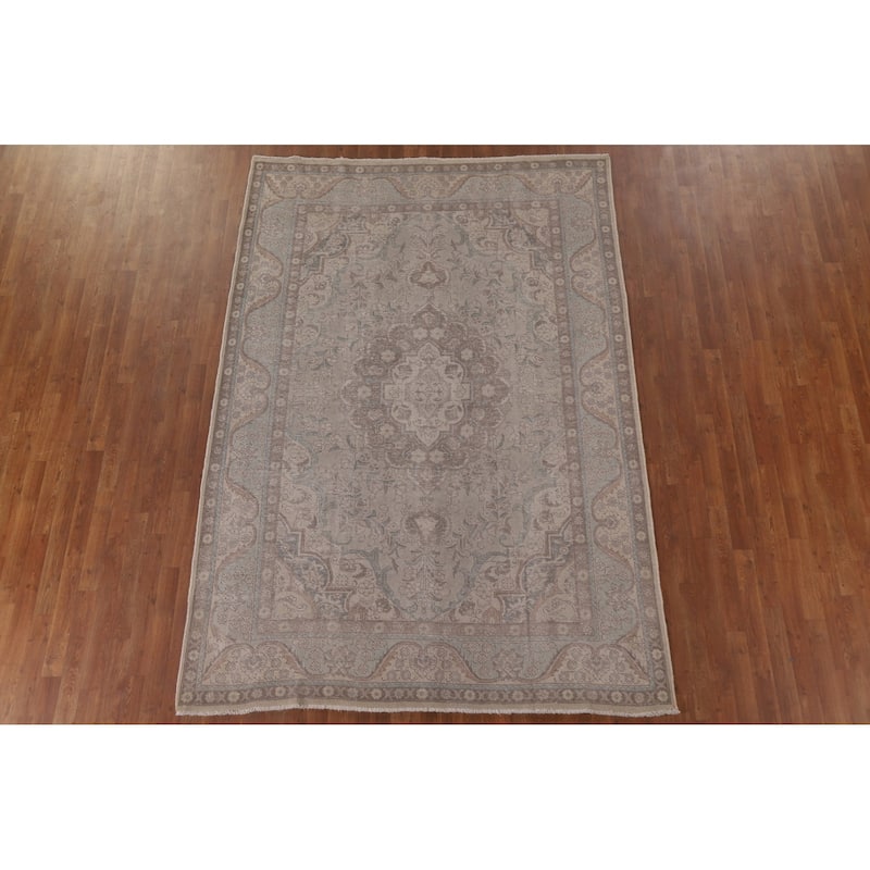 Grey Distressed Tabriz Persian Antique Rug Hand-knotted Wool Carpet - 6'5" x 9'4"