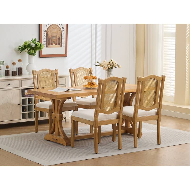 Roomfitters French Country Dining Chairs Set of 2 with Rattan Back and Upholstered Seat, Farmhouse Wood Side Chairs