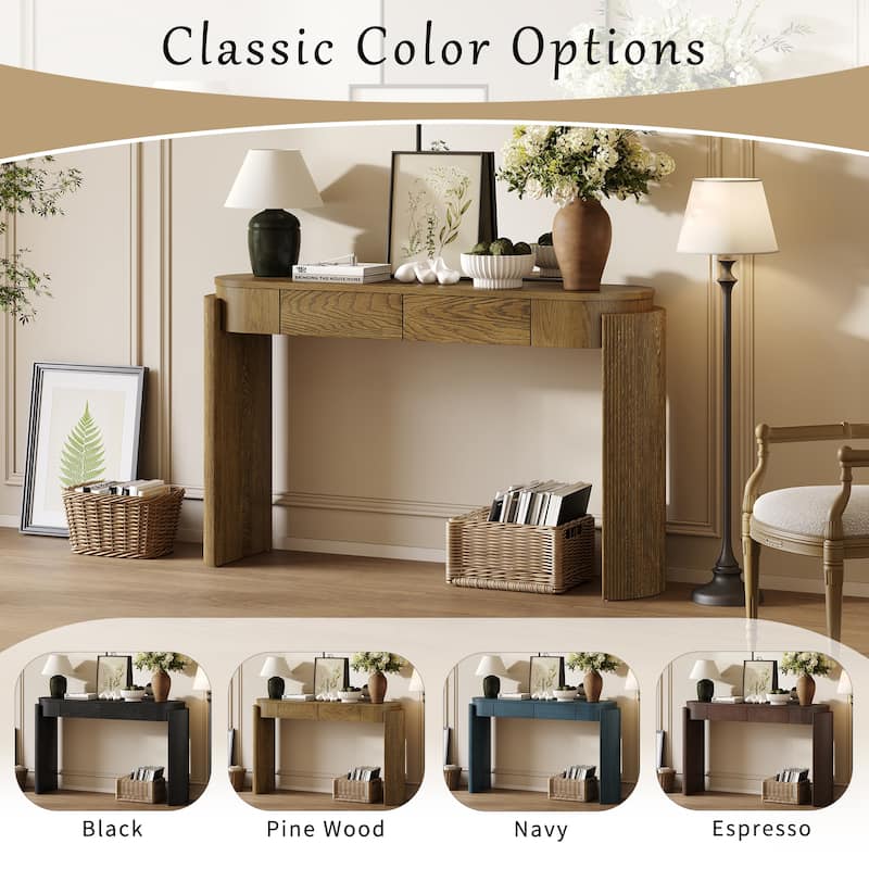 Roomfitters Entryway Console Table with Natural Wood Finish, Oval Top, Fluted Legs and 2 Storage Spaces