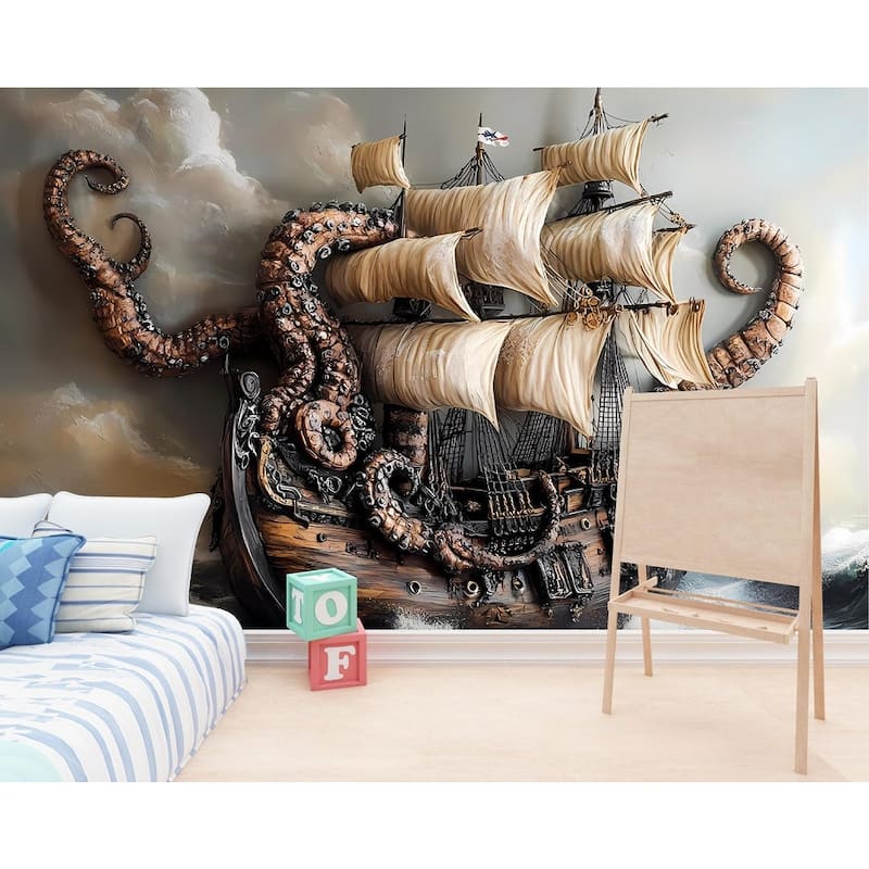 3D Kraken Pirate Ship Wallpaper Nautical Sea Monster Wallpaper