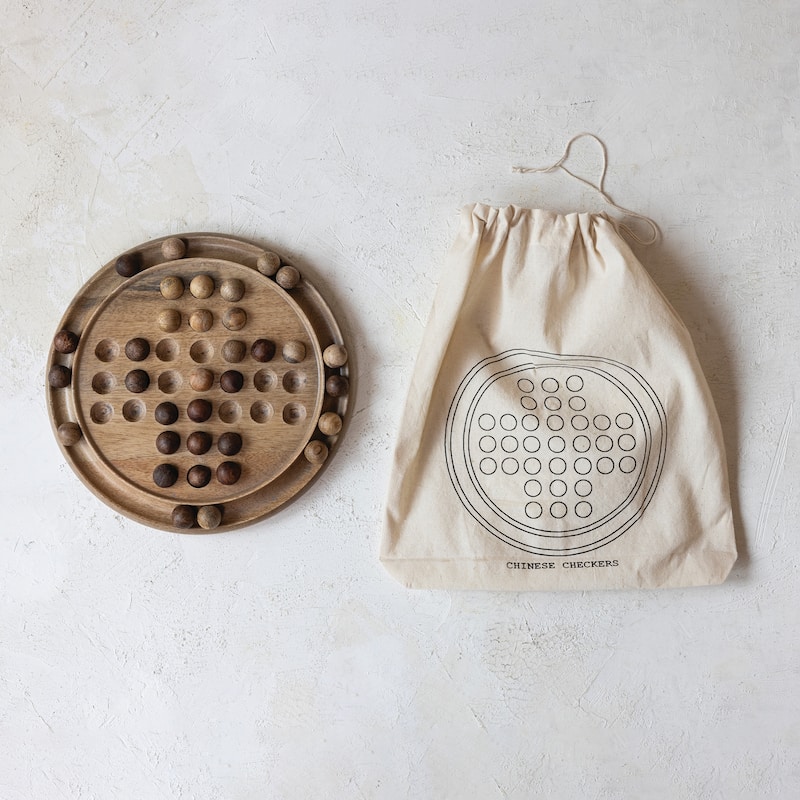 Mango Wood Chinese Checkers in Drawstring Bag - 9.8"L x 9.8"W x 1.3"H