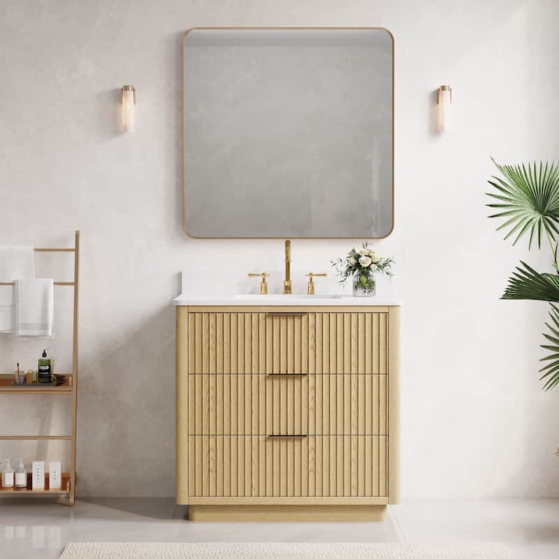 35''H Solid Wood Bathroom Vanity With Stain-resistant Carrera White Quartz Top and Sink