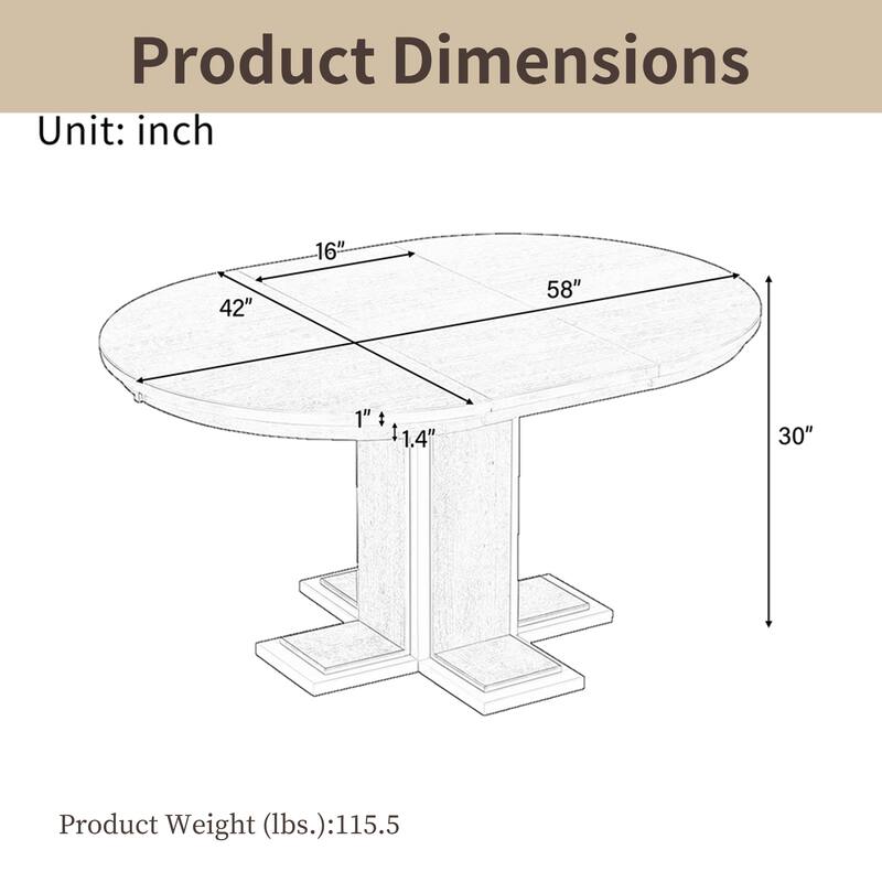 42-58 inch Extendable Oval Table with 16" Leaf, Seats for 6, 2 Colours