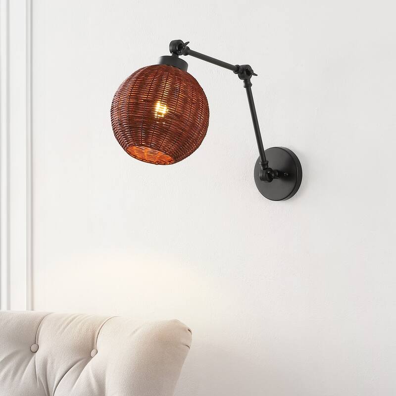 Ivan 22" 1-Light Mid-Century Vintage Rattan Globe Swing Arm LED Sconce, Dark Brown/Black, by JONATHAN Y