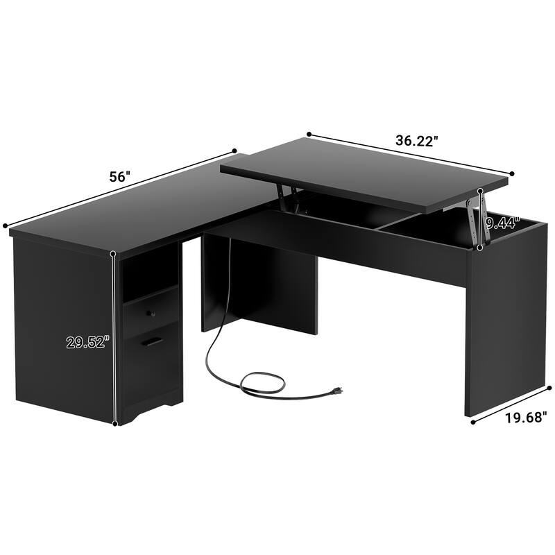 Modern Farmhouse Lift Top L-Shaped Desk with Charge Station, Corner Desk with File Drawers for Home Office