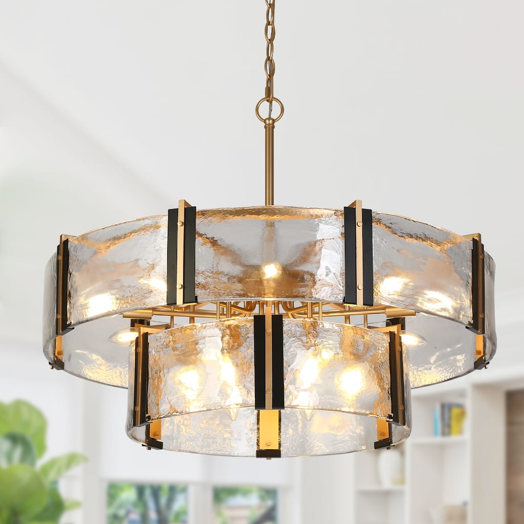 Modern 15-Light Black Gold Drum Chandelier 2-Tier Textured Glass Light - D 31.5" x H 12"