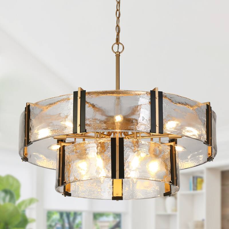 Modern 15-Light Black Gold Unique Drum Chandelier Textured Glass Light for Dining Room Foyer - D 31.5" x H 12"