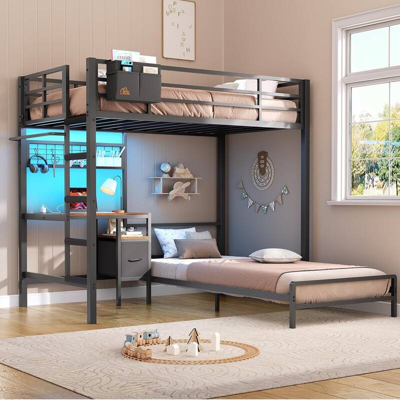 Bunk Bed Twin Over Twin Size with Desk Charging Station L-Shaped Metal