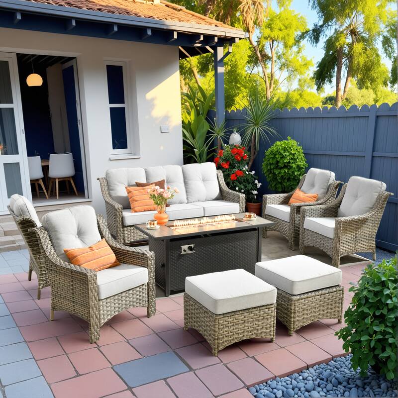 HOOOWOOO 8-piece Patio Wicker Chat Set Outdoor Conversation Sofa Set with Fire Pit - Grey