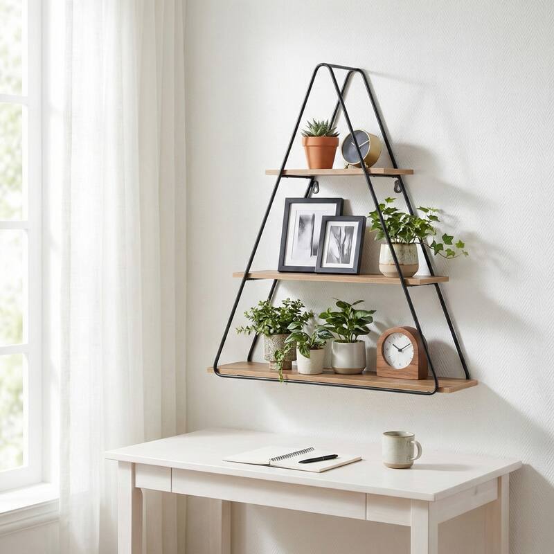 Metal Wood Triangular Frame Wall Shelf - Brown, 26" - 26.0"