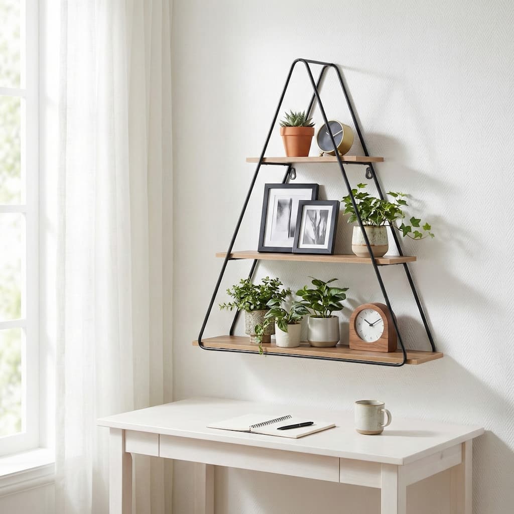 Metal Wood Triangular Frame Wall Shelf - Brown, 26" - 26.0"