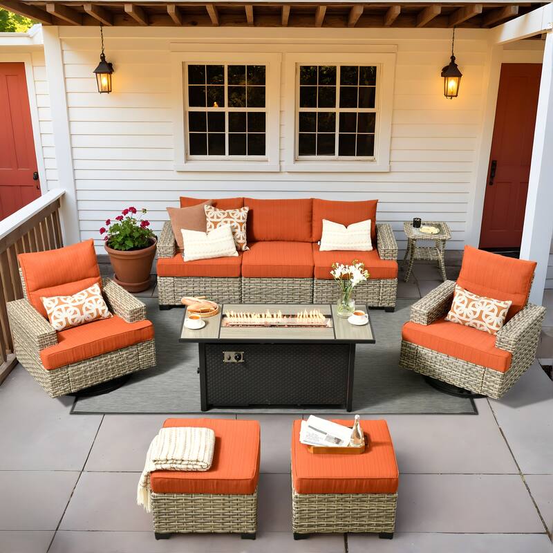 HOOOWOOO 9-piece Outdoor Wicker Furniture Swivel Rocking Chair Set with Fire Pit Table - Red/Orange